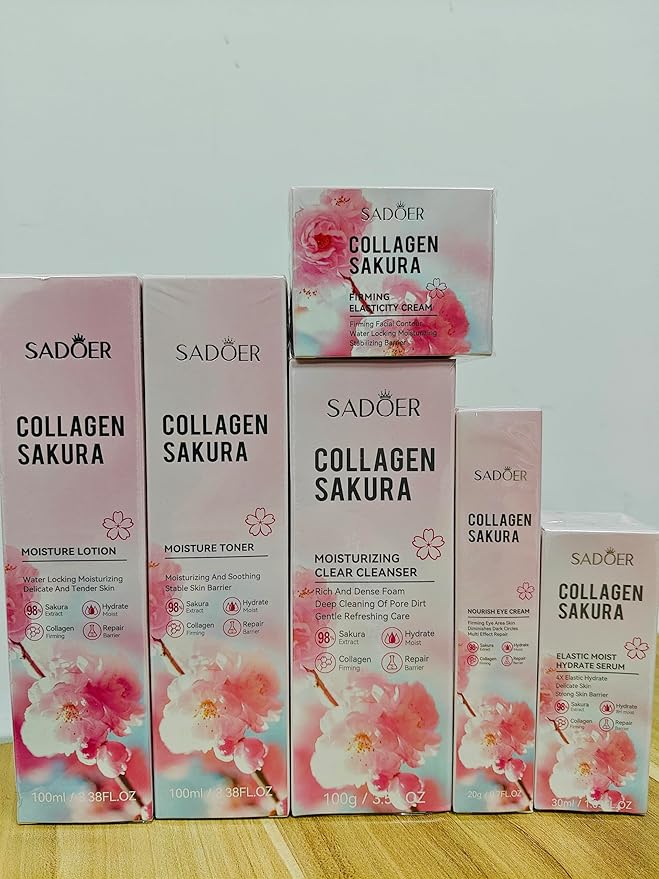 Sakura Skin Care Set, Cherry Blossom Skincare Set for Teen Girls, Hydrate & Repair Skin, 6 Pcs Individually Packaged Collagen Skin Care Kits with Cleanser, Toner, Lotion, Serum, Cream & Eye Cream