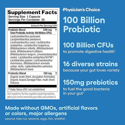 Physician's CHOICE 100 Billion Advanced Probiotic - 16 Strains + Organic Prebiotics - Digestive & Gut Health - Supports Occasional Constipation, Diarrhea, Gas & Bloating - Probiotics for Women & Men