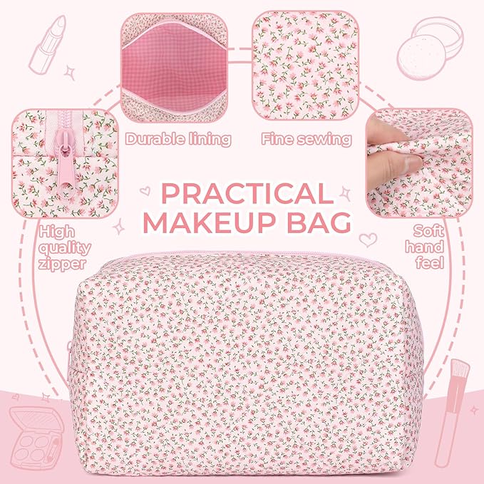 Quilted Makeup Bag Set,Large Quilted Floral Cosmetic Bag For Women,Cute Cotton Makeup Brushes Storage Bags Flower Travel Toiletry Organizer Bag(Pink Floral)