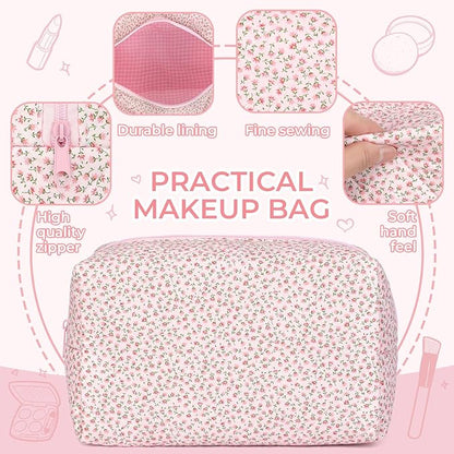 Quilted Makeup Bag Set,Large Quilted Floral Cosmetic Bag For Women,Cute Cotton Makeup Brushes Storage Bags Flower Travel Toiletry Organizer Bag(Pink Floral)