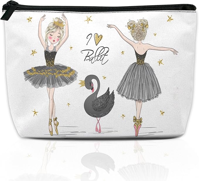Cute Makeup Bag for Purse, Ballerina with Black Swan Cosmetic Bag for Women, Travel Toiletry Funny Zipper Pouch Gift 9.5×5.9 Inch