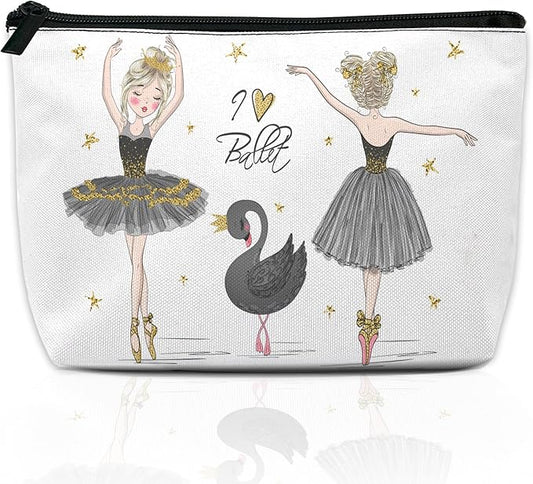 Cute Makeup Bag for Purse, Ballerina with Black Swan Cosmetic Bag for Women, Travel Toiletry Funny Zipper Pouch Gift 9.5×5.9 Inch