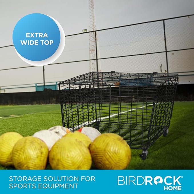 BIRDROCK HOME Sports Ball Basket Organizer with Wheels & Heavy Duty Casters - Ideal for Basketball, Football, Soccer, Baseball - Lockable Ball Storage Locker with Lid for Gym, Garage or Outdoor Use