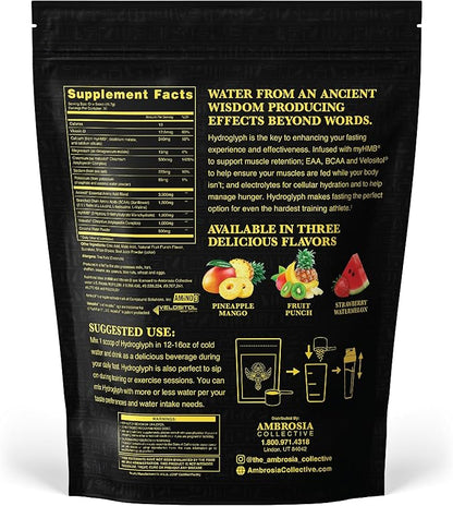 Ambrosia Hydroglyph Intraworkout Formula w/BCAA + EAA + Electrolytes Hydration Powder to Protect Lean Muscle, 0g Sugar Fasting Hydration Drink Mix, Made w/Coconut Water (Fruit Punch)