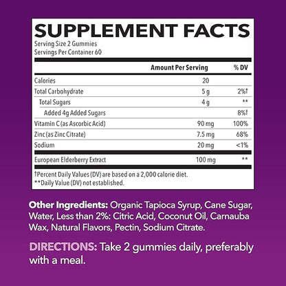 Sambucus Elderberry Gummies for Adults - Immune Support Gummies with Elderberry, Vitamin C and Zinc - Sambucus Elderberry Immune Support with Elderberry Extract - 2 Month Supply Berry-Flavored Gummies
