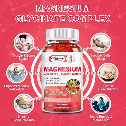 Magnesium Glycinate Gummies 500mg, Magnesium Glycinate for Adults&Kids Sugar-Free,Magnesium Complex w/Taurate,Malate, Calcium, COQ10 for Sleep & Relaxation, Calm,Brain, Muscle,Non-GMO, Vegan