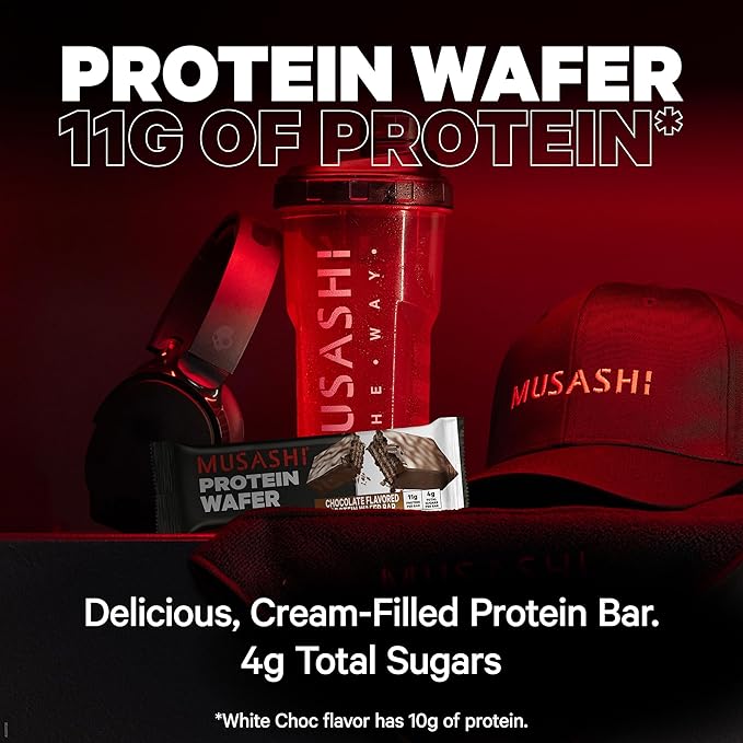 MUSASHI Protein Wafer Bar, 11g Protein, 4g Total Sugars, Vanilla, Post Workout and Protein Snack On The Go, 12 Pack of 1.4oz (40g) Bars
