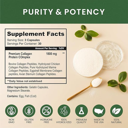 Multi Collagen Protein Peptides Supplement Capsules - 1800mg Collagen Complex Types I, II, III, V, X - Joint Support, Healthy Hair, Skin, Nails, Beauty Vitamins, 100% Natural, Non-GMO 90ct (1)
