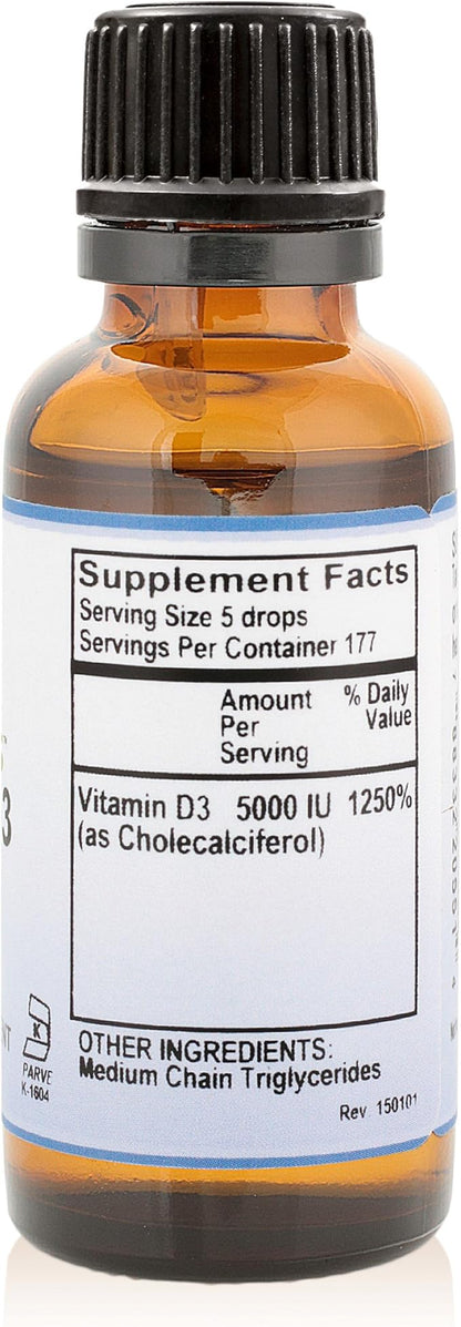 Pure Mountain Botanicals Liquid Vitamin D Drops - Unflavored Kosher D3 Liquid Drops in MCT Oil - 5000IU per Serving - 1oz Bottle