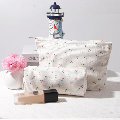 Cosmetic Bag for Women Corduroy Makeup Bag Travel Make Up Organizer Tool Pouch Small Bag for Purse, Zipper Portable Storage Pouch Toiletry Bag for Women (Little cherry)