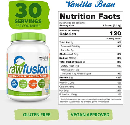 Rawfusion- Vegan Protein Powder, Vanilla Bean - 30 Servings, 21g of Plant Based Protein, Low Net Carbs, Non-Dairy, Gluten/ Lactose Free, Soy Free, Kosher, Non-GMO, 2lb Pound