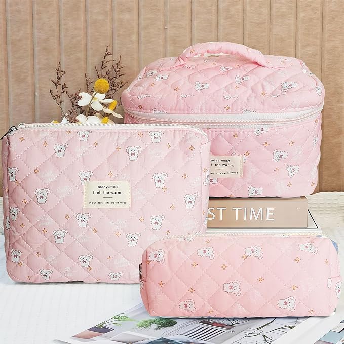 Quilted Makeup Bag, Large Capacity Travel Cosmetic Bag for Women and Girls, Aesthetic Storage for Daily and Travel Use (3pcs-RabbitAnimalPrint)
