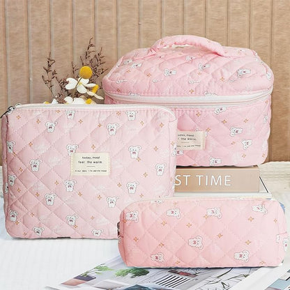Quilted Makeup Bag, Large Capacity Travel Cosmetic Bag for Women and Girls, Aesthetic Storage for Daily and Travel Use (3pcs-RabbitAnimalPrint)