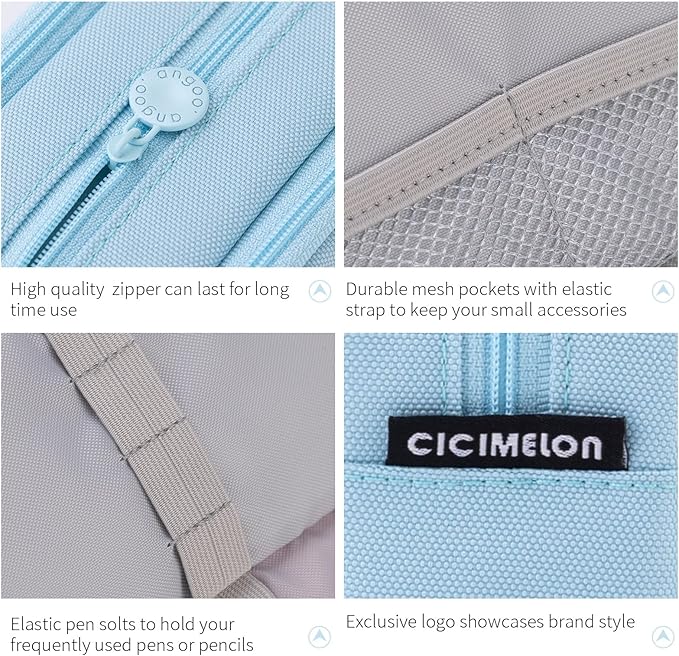 CICIMELON Big Capacity Pencil Case 3 Compartments Pen Pouch Bag Multifunctional Organizer for School Office, Haze Blue
