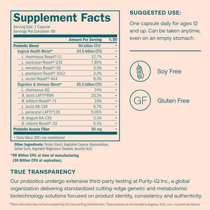 True Grace One Daily Women’s Probiotic - 60 Vegetarian Capsules - 90 Billion CFU - Digestive, Vaginal & Immune Health - Gluten & Soy Free - 60 Servings