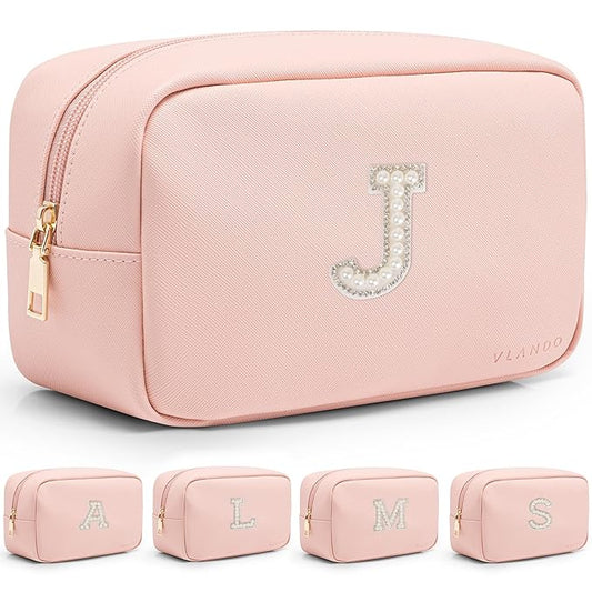 Vlando Gifts for Girls Initial Makeup Bag Personalized Makeup Bag witt Pearl Cute Travel Toiletry Bag Preppy Makeup Pouch Birthday Gift for Teen Girls Women Daughter J
