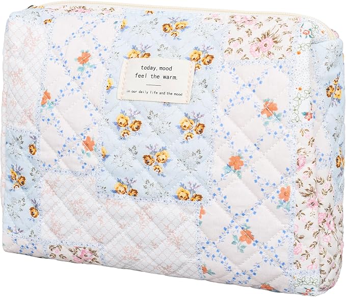 Quilted Makeup Bag,Medium Travel Floral Cosmetic Bag Cute Pouch,Cotton Makeup Brushes Storage Bag for Women