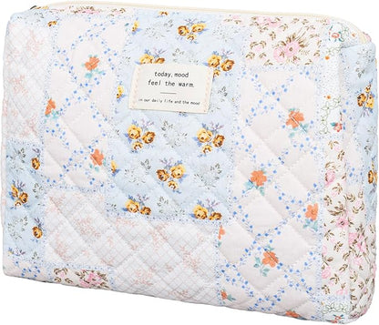 Quilted Makeup Bag,Medium Travel Floral Cosmetic Bag Cute Pouch,Cotton Makeup Brushes Storage Bag for Women