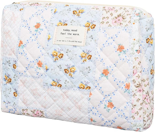 Quilted Makeup Bag,Medium Travel Floral Cosmetic Bag Cute Pouch,Cotton Makeup Brushes Storage Bag for Women