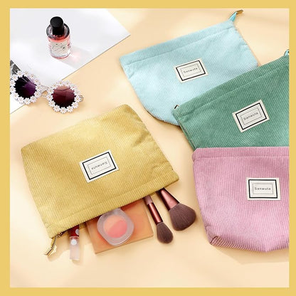 Sanwuta 4 Pack Velvet Makeup Bag Cosmetic Bag for Women Large Capacity Corduroy Pouch Zipper Canvas Travel Toiletry Purse Make up Organizer Case Accessories(Macaron Series,Plaid)
