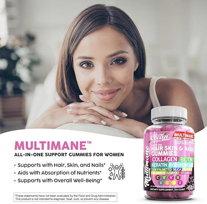 Biotin Collagen Keratin Gummies | Hair Skin and Nails Vitamins for Women | Hyaluronic Acid Bamboo Vitamin A C D3 E Folate With Saw Palmetto Silica B3 B12 Vegan Gummy By Clean Nutra