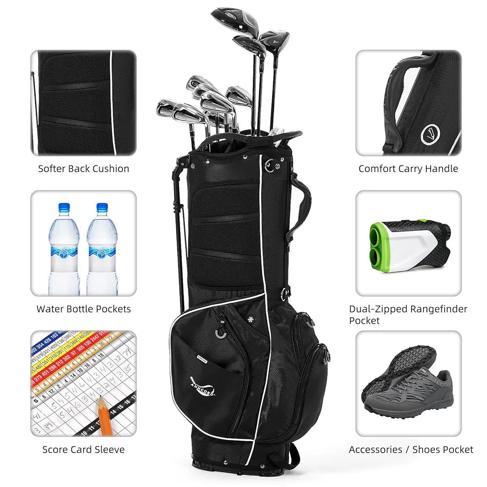 Golf Stand Bag 14 Way Top Dividers Full-Length with Stand, 8 Pockets, Cooler Pouch, Waterproof Golf Bag for Men, Dual Strap, Rain Hood