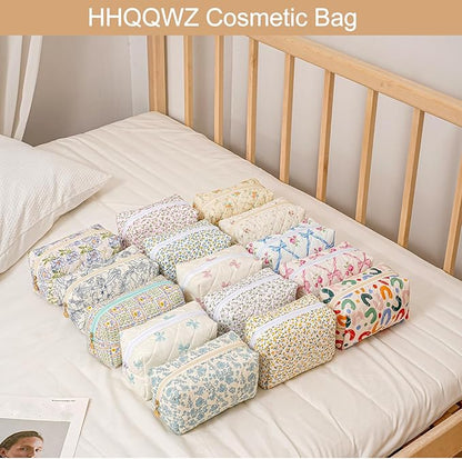 Quilted Cotton Makeup Bag Travel Cosmetic Bag for Women Girls, Zipper Make Up Pouch, Bow Pattern Toiletry Organizer Makeup, Portable Storage Bag (Blue Bow Tie)