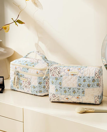 HBselect 2Pcs Travel Makeup Bag, Large Cotton Quilted Makeup Bag Cosmetic Bag Cute Make up Bag Toiletry Bags for Women Girls