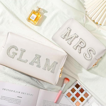 CY2SIDE Mrs Letter Makeup Bag - 2PCS White GLAM and MRS Pearl Rhinestone Letter Patch Cosmetic Bag PU Leather Patch Pouch Waterproof Portable Zipper Travel Organizer for Wedding Bride Christmas Gifts