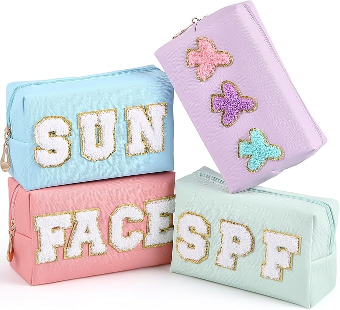 Sanwuta 4 Pcs Hair Face Skin Travel Bag Set Preppy Makeup Pouch PU Leather Skincare Bag Waterproof Cosmetic Organizer Birthday Christmas Gifts(Pink, Mint Green, Blue, Purple,Fresh Style)