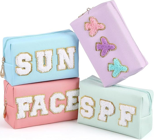 Sanwuta 4 Pcs Hair Face Skin Travel Bag Set Preppy Makeup Pouch PU Leather Skincare Bag Waterproof Cosmetic Organizer Birthday Christmas Gifts(Pink, Mint Green, Blue, Purple,Fresh Style)