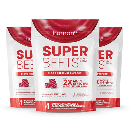 humanN SuperBeets Heart Chews, Nitric Oxide and Blood Pressure Support, Grape Seed Extract & Non-GMO Beet Root Powder Energy Chews, Super Beets Heart Chews, Pomegranate Berry Flavor, 180 Count