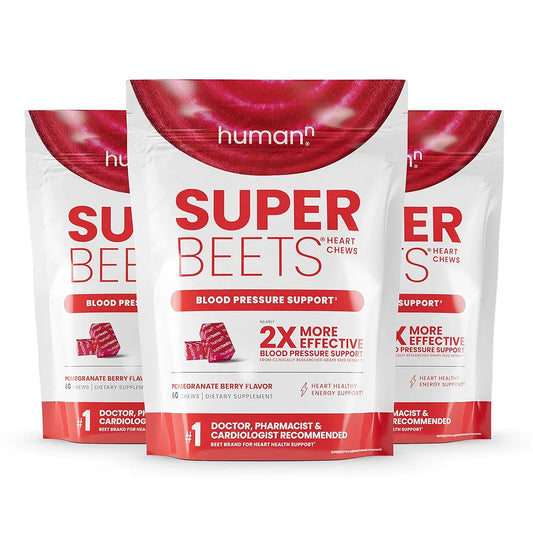 humanN SuperBeets Heart Chews, Nitric Oxide and Blood Pressure Support, Grape Seed Extract & Non-GMO Beet Root Powder Energy Chews, Super Beets Heart Chews, Pomegranate Berry Flavor, 180 Count