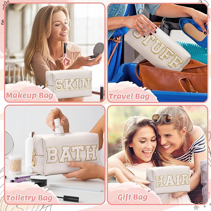 CY2SIDE STUFF Letter Makeup Bag - 4PCS White Stuff Hair Bath Skin Chenille Letter Patch Cosmetic Bag Preppy PU Leather Patch Pouch Waterproof Portable Zipper Travel Organizer Xmas Gifts for Women Girl