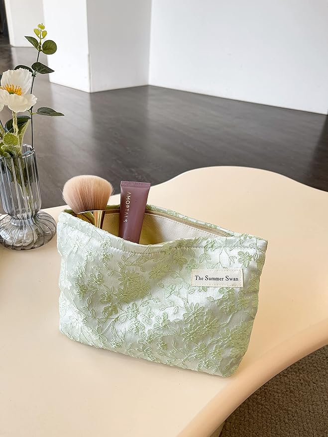 The Summer Swan | Floral Cosmetic Bag｜Large Aesthetic Travel Makeup Bag | Personal Item Bag | Preppy Makeup Pouch | Skincare Bag (Embroidery Green)