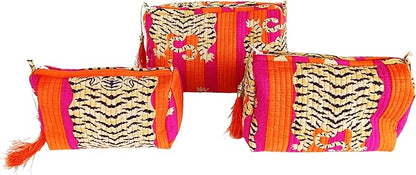Rastogi Handicrafts Cosmetic Bags Set, 3 Piece Make Up Organizer Bag Storage Bags with Zipper Closure (3, Dark Pink, Design-7)