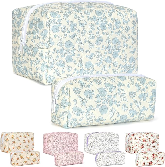 Quilted Makeup Bag Set,Large Floral Cosmetic Pouch For Women,Cute Cotton Brushes Storage Travel Toiletry Organizer Bags(Blue Plum Blossom)