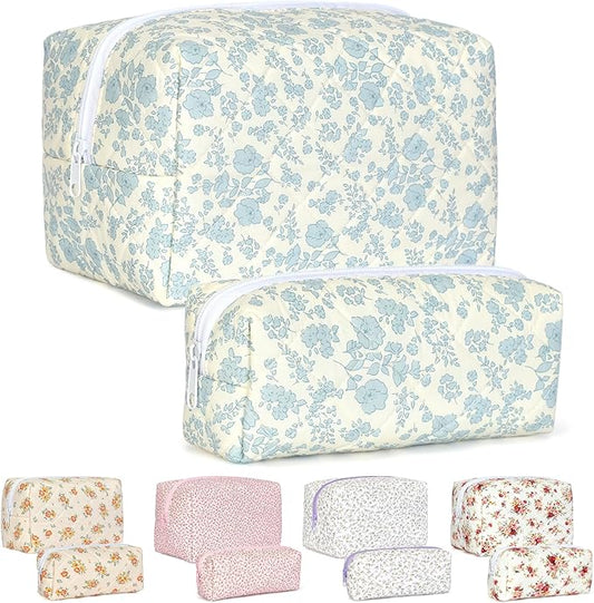 Quilted Makeup Bag Set,Large Floral Cosmetic Pouch For Women,Cute Cotton Brushes Storage Travel Toiletry Organizer Bags(Blue Plum Blossom)