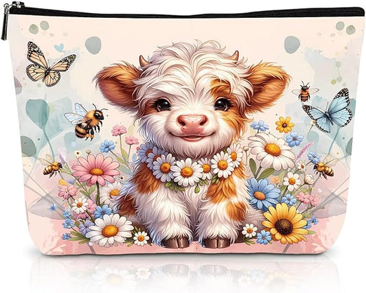 Highland Cow Gifts Makeup Bag - Floral Butterfly Highland Cow Cosmetic Bag with Zipper, Adorable Western Gifts for Cattle Farm Animal Lovers, Christmas Birthday Present for Friends Families