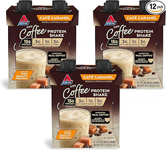 Atkins Café Caramel Iced Coffee Protein Shake, 15g Protein, Low Glycemic, 3g Net Carb, 1g Sugar, Keto Friendly, 12 Count