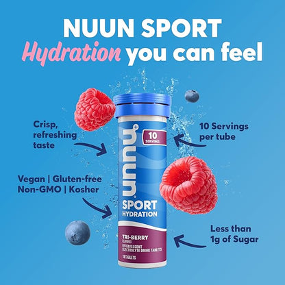 Nuun Sport Electrolyte Tablets - Dissolvable in Water, Tri Berry, 5 Essential Electrolytes for Hydration, 1g Sugar Drink Mix, Vegan, Non-GMO, 8 Pack (80 Total Servings)