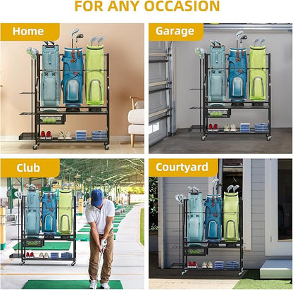 DWVO Golf Bag Organizer for Garage, Golf Storage Organizer w/Wheels for Garage Club and Shed, Golf Bag Storage Rack w/Drawer for Golf Bags, Clubs, Balls and Other Equipment Accessories