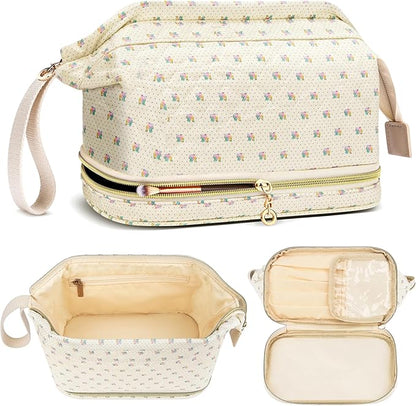 Large Makeup Bag, Quilted Cosmetic Bag, Large Floral Make Up Bag for Women, Cute Floral Skin Care Bag Double Layer Makeup Bags Flower Travel Toiletry Bag - Yellow