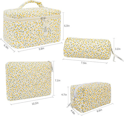 4Pcs Quilted Makeup Bag Set Cute Floral Cosmetic Bag Cotton Coquette Make up Bag Aesthetic Travel Toiletry Bag for Women Girls