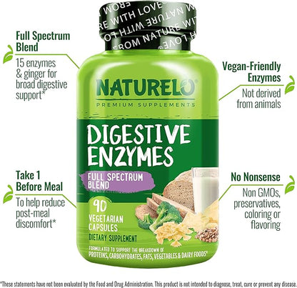 NATURELO Digestive Enzymes - Full Spectrum Support with a Broad Blend of 15 Enzymes Plus Ginger - 180 Vegan Capsules