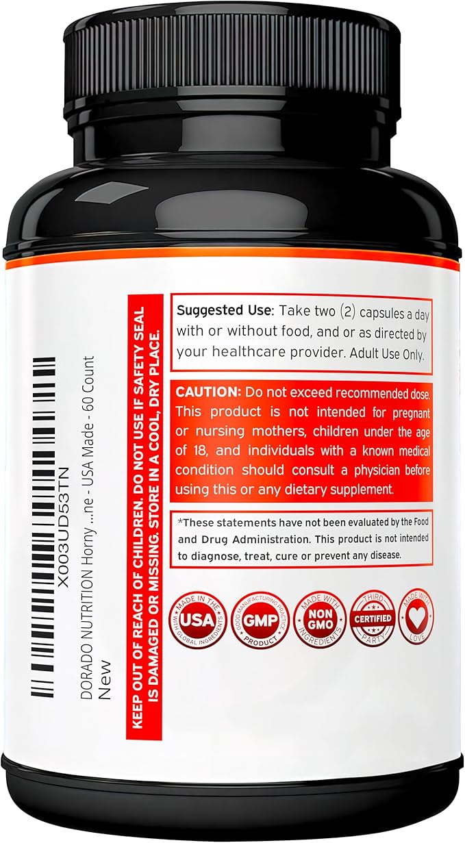 Horny Goat Weed For Men and Women - [20% Icariins Max Strength] - Stamina, Endurance, Circulation, Joint & Back Support - Maca Root, Ginseng, Yohimbine, Tribulus, L-Arginine - USA Made - 60 Count