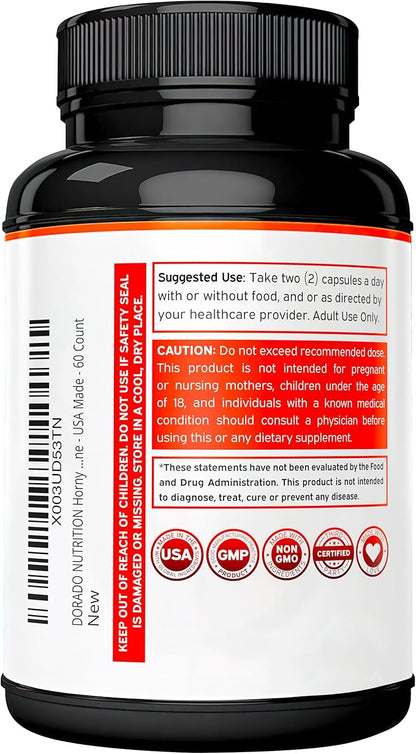 Horny Goat Weed For Men and Women - [20% Icariins Max Strength] - Stamina, Endurance, Circulation, Joint & Back Support - Maca Root, Ginseng, Yohimbine, Tribulus, L-Arginine - USA Made - 60 Count