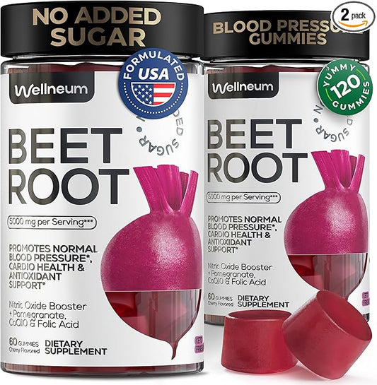 Beets for High Blood Pressure 5000 Mg - Beet Root Gummies with Pomegranate Juice Powder - Beet Chews for Cardio Health and Energy - Nitric Oxide Supplement Gummies for Men and Women - No GMO - 120 pcs