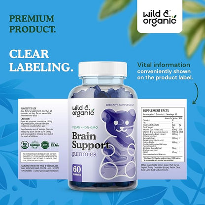 Wild & Organic Brain Support Gummies - Focus Supplement w/Ashwagandha Root, Vitamin B12, Ginkgo Biloba, Bacopa - Vegan Chews for Clarity & Productivity - 60 Brain Gummies