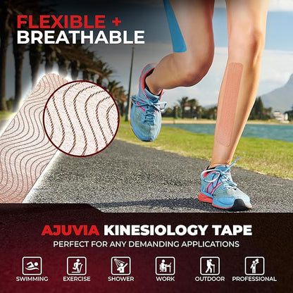 AJUVIA Synthetic Kinesiology Tape, 2 Uncut Rolls, 10% Bonus Pack, Lasts up to 14 Days, Hypoallergenic and Waterproof K Tape for Muscle Pain Relief and Joint Support